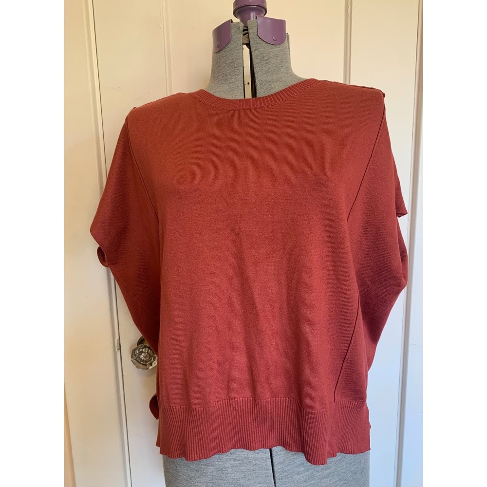 Adrianna Papell XL Rust Red Short Sleeve Knit Sweater Top Crew Neck Side Slits